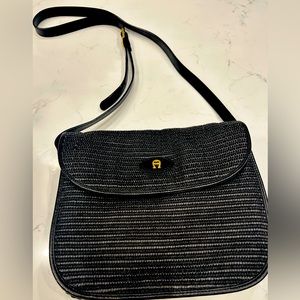 Etienne Aigner Black Straw and Leather Bag